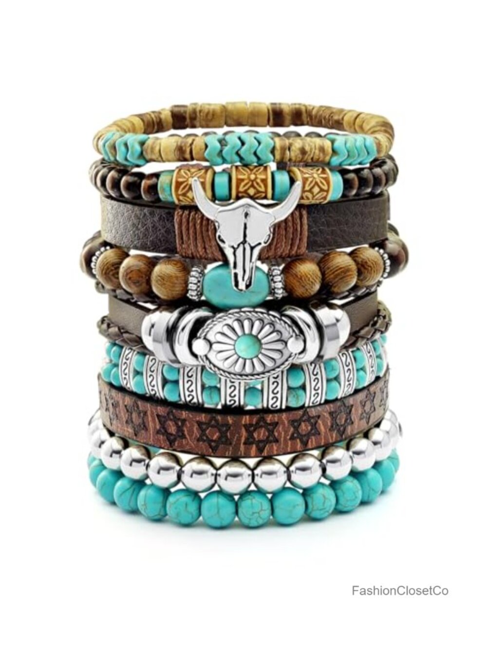 Western Turquoise Beaded Leather Bracelet Set - 9 Piece Stackable Cowgirl